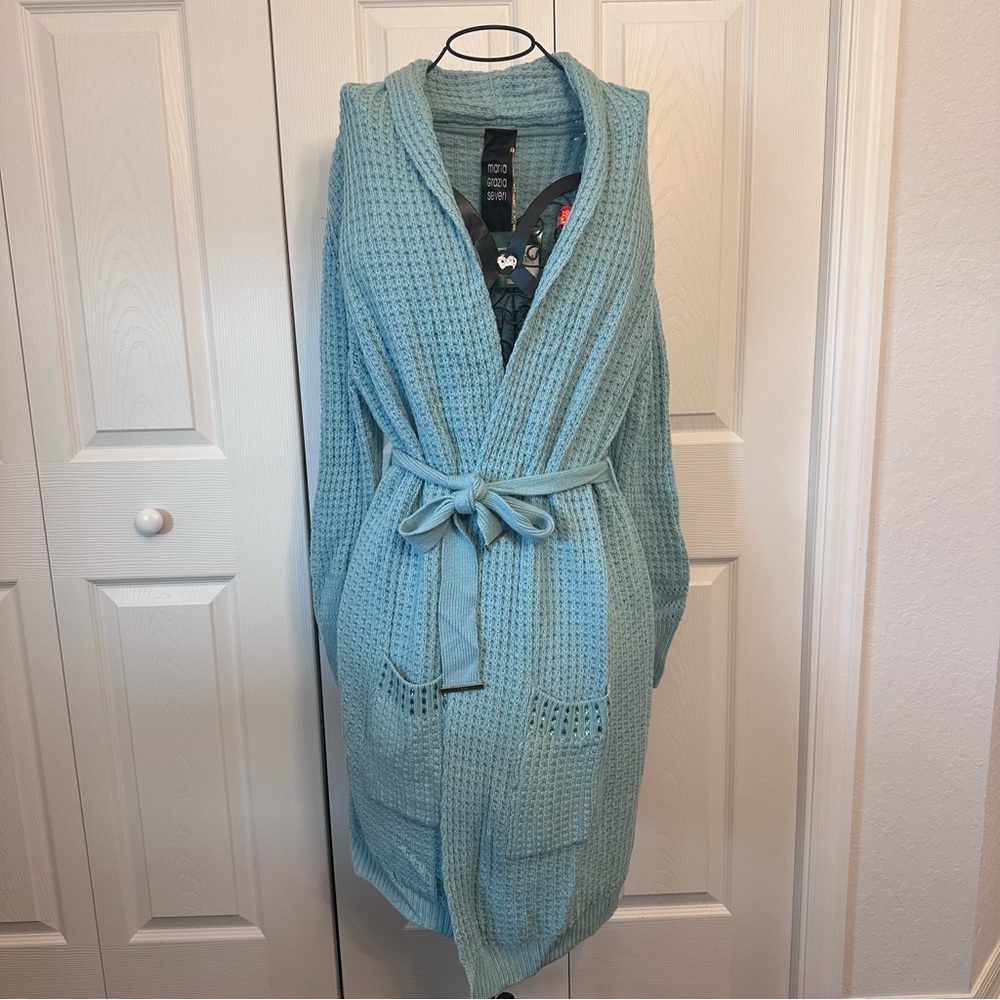 Cozy Blue Knit Cardigan with Belt Italian Made Maria Grazia Severi Size 42